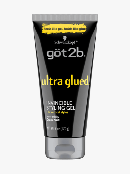 Got2B Ultra Glued Invincible Styling Hair Gel in branded black tube with silver cap on light gray background