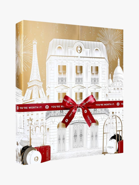 L'Oreal Paris 24 Day Beauty Advent Calendar in branded component on a light gray background